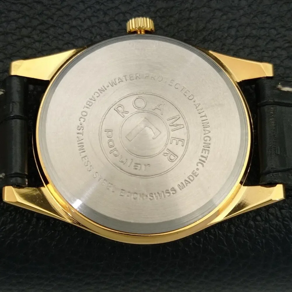 Vintage 1974 Roamer Manual Mens Gold Watch W/Leather Strap & Blue accents